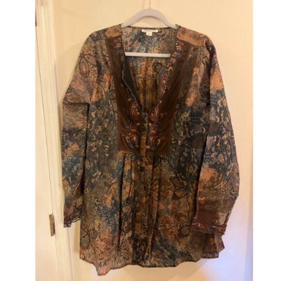 Coldwater Creek Women's Tunic Top XL 18 Brown Floral Long Sleeves - Picture 1 of 10